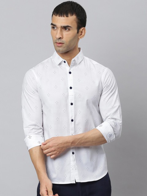 

Dennis Lingo Men White Modern Slim Fit Opaque Geometric Printed Cotton Casual Shirt
