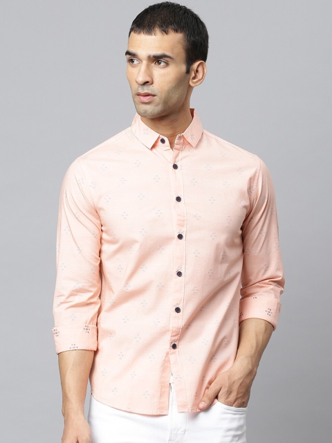 

Dennis Lingo Men Peach-Coloured Modern Slim Fit Opaque Printed Cotton Casual Shirt