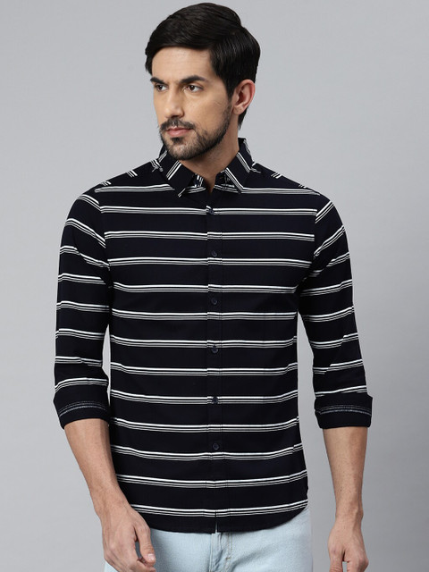 

Dennis Lingo Men Navy Blue & White Modern Slim Fit Opaque Striped Cotton Casual Shirt