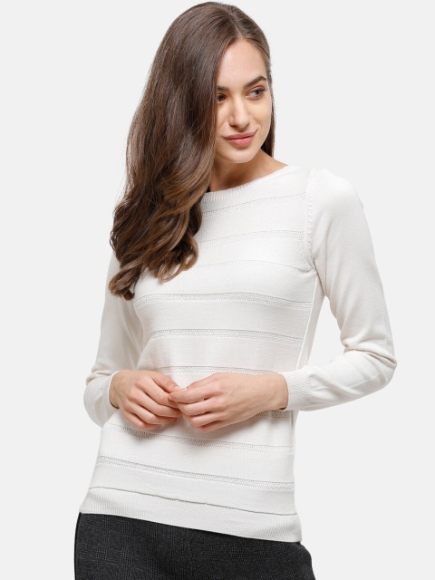 

98 Degree North Women Off White Striped Self Design Pure Cotton Pullover