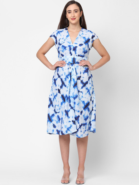 

MISH Women White & Blue Tie and Dyed Dress