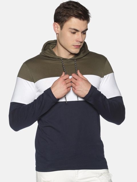 

UrGear Men Navy Blue & Olive Green Colourblocked Hooded Pullover Sweatshirt
