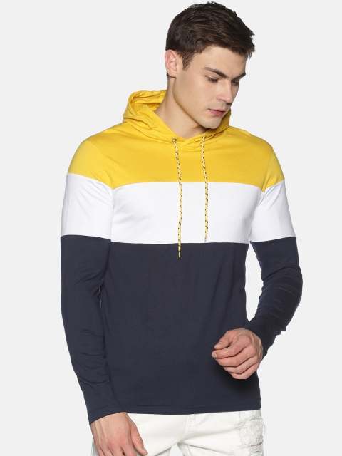 

UrGear Men Navy Blue & Yellow Colourblocked Hooded Pullover Sweatshirt