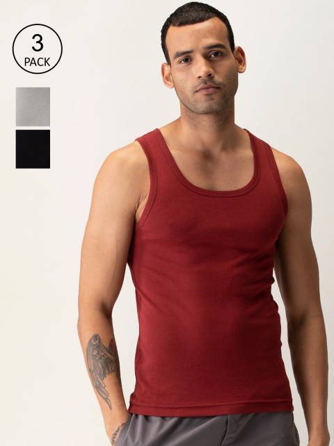 

DAMENSCH Men Pack Of 3 Pure Cotton NEO-Cotton Ribbed Vests DAM-CTN-VEST-WNR-PBK-TOG-PACK-3, Red