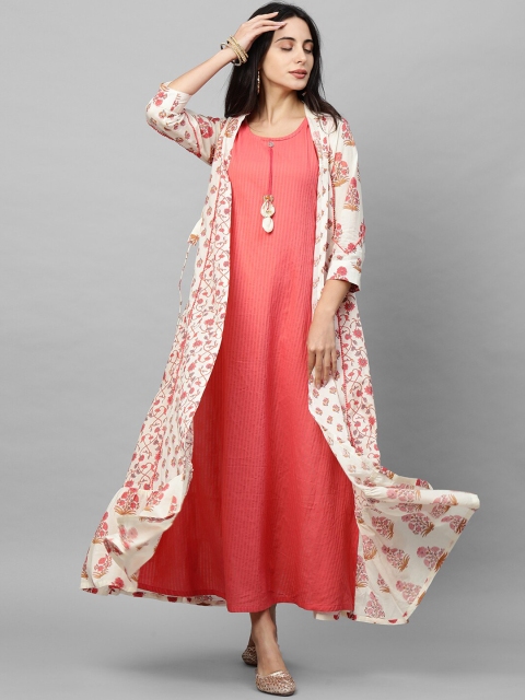 

FASHOR Peach-Coloured & Off White Ethnic Motifs Jaal Printed Layered Ethnic Maxi Dress