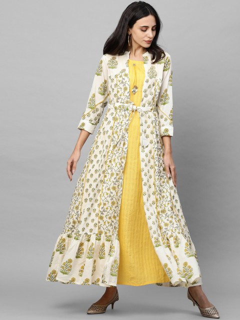 

FASHOR Yellow & Off White Ethnic Motifs Jaal Printed Layered Ethnic Maxi Dress