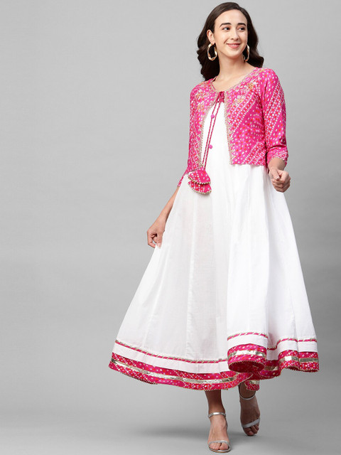 

FASHOR White & Pink Bandhani Printed & Embroidered Ethnic Maxi Dress with Jacket