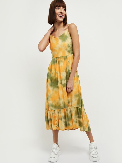 

max Mustard Yellow & Green Tie and Dye Midi Dress