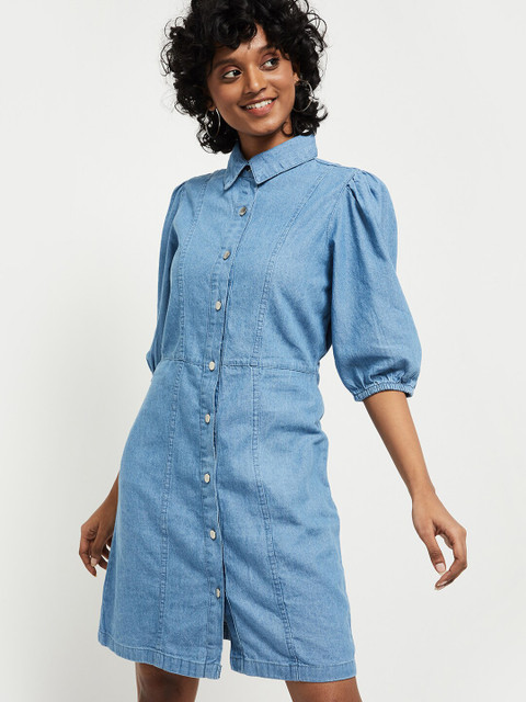 

max Women Blue Denim Solid Shirt Dress