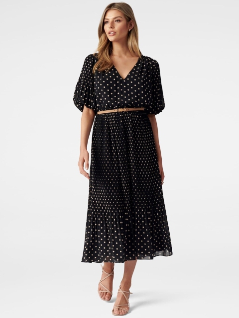 

Forever New Black Polka Dots Printed Fit and Flare Midi Dress