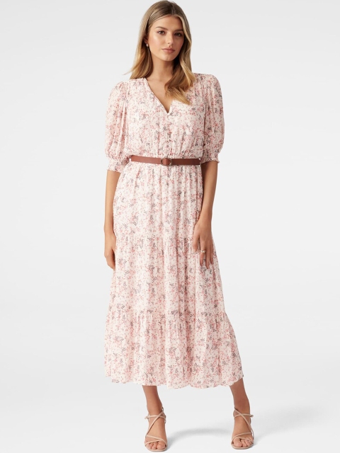 

Forever New Pink Floral Belted Midi Dress