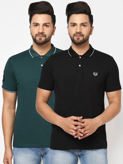 

ELEGANCE Men Pack of 2 Green & Black Polo Collar T-shirts