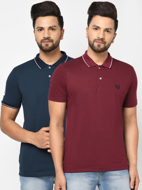 

ELEGANCE Men Pack of 2 Burgundy & Navy Blue Polo Collar T-shirts