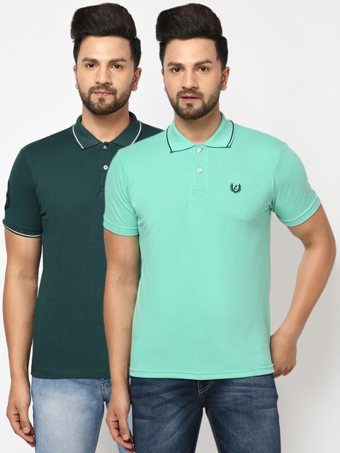 

ELEGANCE Men Pack of 2 Sea Green & Green Polo Collar T-shirts