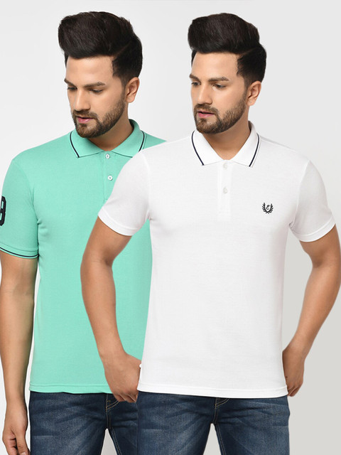 

ELEGANCE Men Sea Green 2 Polo Collar Applique T-shirt