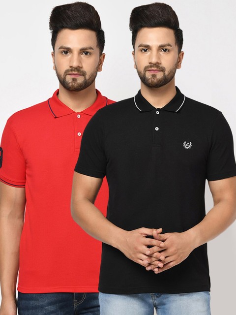 

ELEGANCE Men Black & french middle red purple 2 Polo Collar Pockets T-shirt