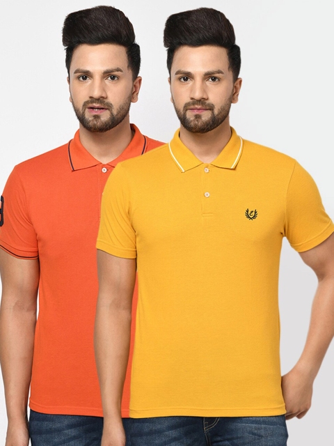 

ELEGANCE Men Yellow & portland orange 2 Polo Collar Applique T-shirt