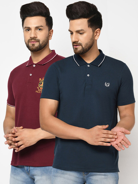 

ELEGANCE Men Burgundy 2 Polo Collar Applique T-shirt