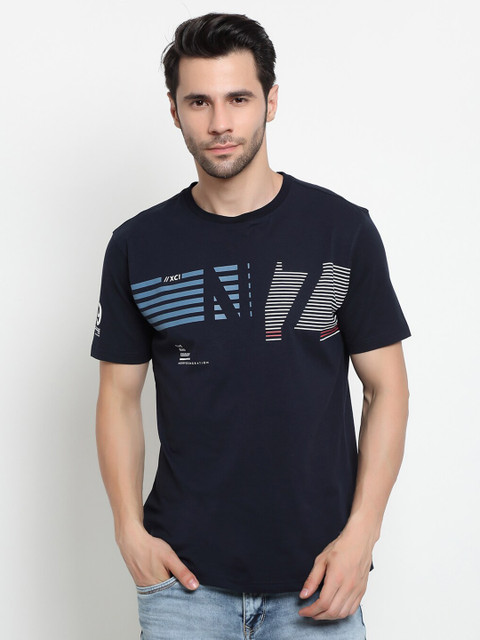 

Cantabil Men Navy Blue & White Typography Printed Cotton T-shirt