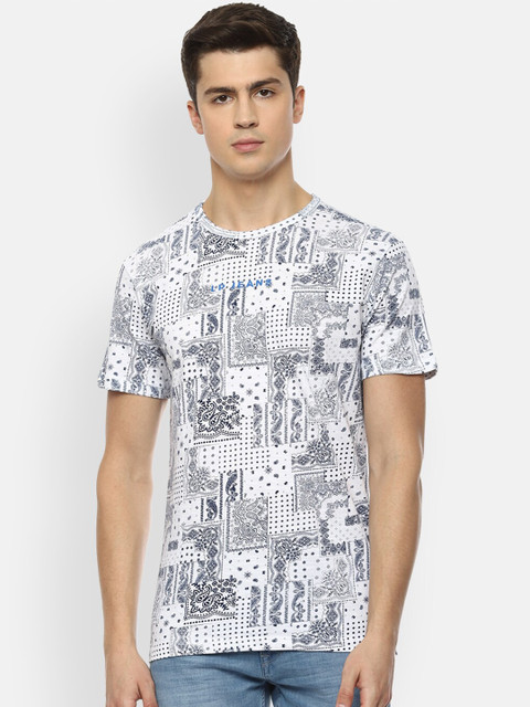 

Louis Philippe Jeans Men White Blue Ethnic Printed Cotton Pure Cotton T-shirt