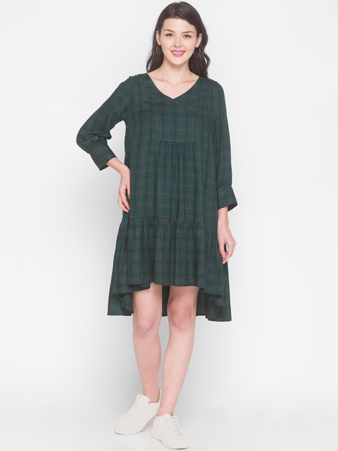 

TERQUOIS Green Checked Oversized High Low A-Line Dress