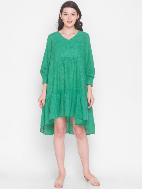 

TERQUOIS Green Checked Oversized High Low Cotton A-Line Dress