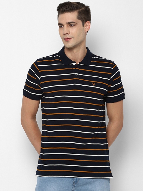 

Allen Solly Men Navy Blue & Orange Striped Polo Collar T-shirt