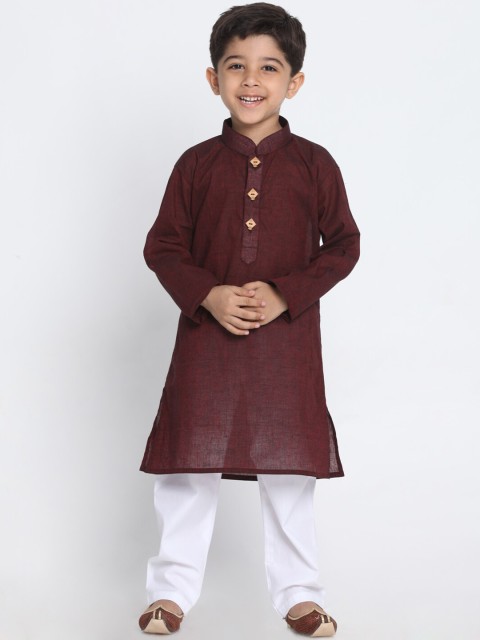 

VASTRAMAY Boys Maroon & White Striped Self Design Pure Cotton A-Line Kurta With Pyjamas