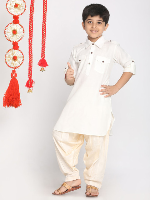 

VASTRAMAY Boys Cream-Coloured Regular Kurta with Dhoti pants