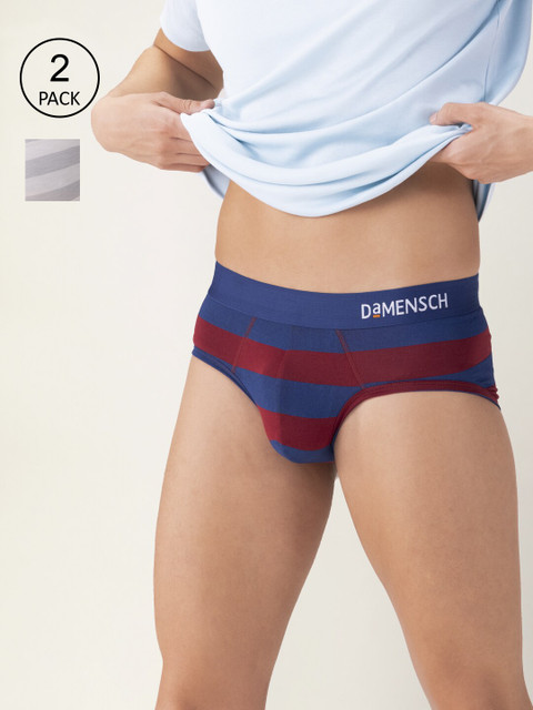

DAMENSCH Men Pack Of 2 Striped Basic DEO-SOFT Briefs DAM-STP-PRIN-B-CBE-REW-2-MIX, Navy blue