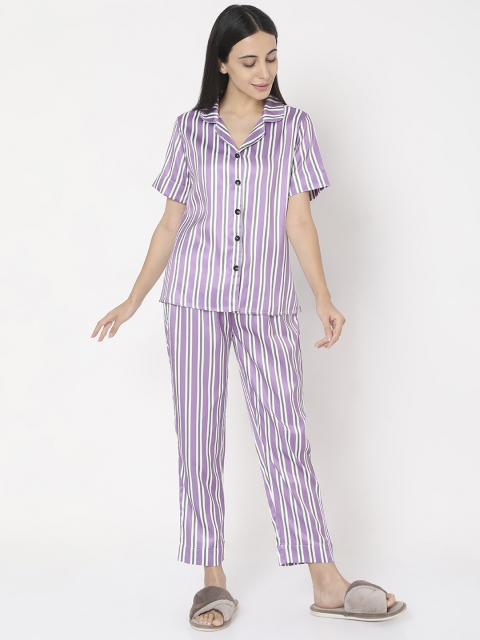 

Smarty Pants Women Lavender & White Striped Night suit