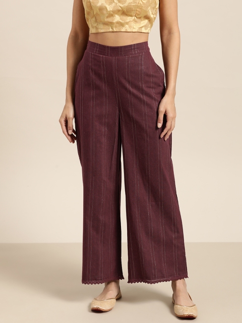 

Sangria Women Maroon & Golden Striped Ethnic Wide Leg Palazzos