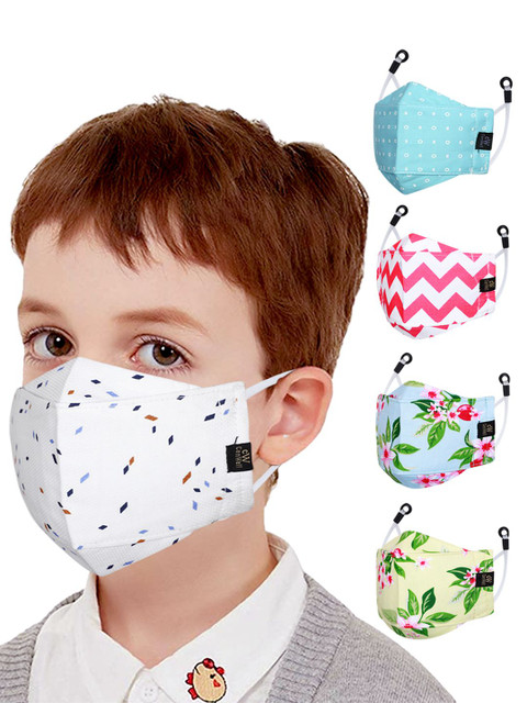 

CENWELL Kids Pack Of 5 Printed 6-Ply Pure Cotton Reusable 3D Cloth Masks, Green