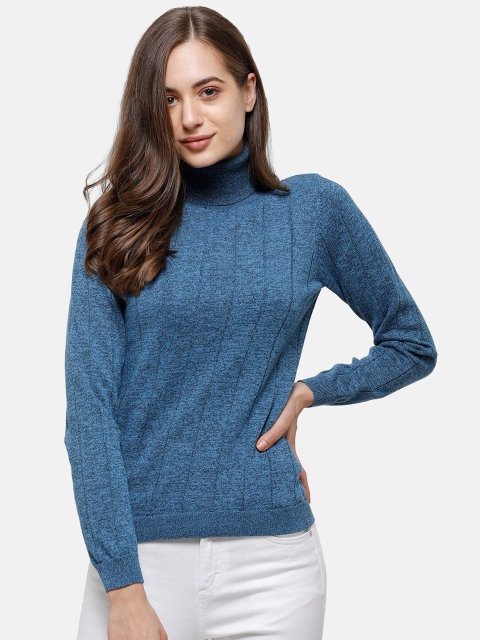 

98 Degree North Women Blue Self Design Turtle Neck Sweater