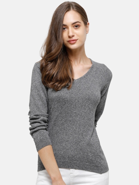 

98 Degree North Women Pure Cotton Grey Self Designed Pullover Sweatshirt, Grey melange