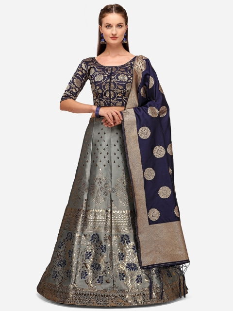 

JATRIQQ Grey & Navy Blue Semi-Stitched Lehenga & Unstitched Blouse With Dupatta