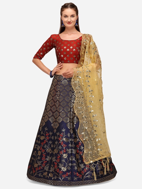 

JATRIQQ Blue & Red Semi-Stitched Lehenga & Unstitched Blouse With Dupatta