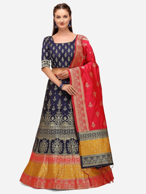 

JATRIQQ Blue & Red Semi-Stitched Lehenga & Unstitched Blouse With Dupatta
