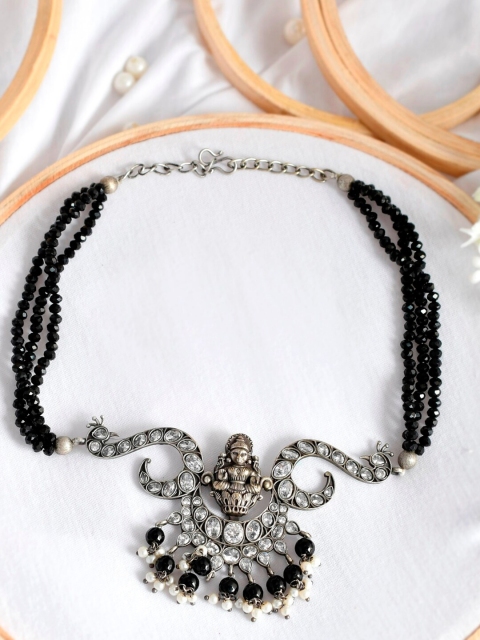 

Infuzze Women Black & Silver-Toned Brass Silver-Plated Oxidised Necklace