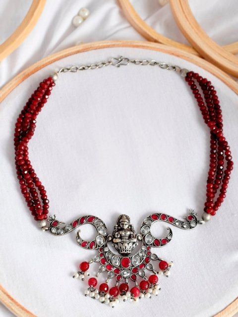 

Infuzze Red & Silver-Toned Brass Silver-Plated Oxidised Necklace