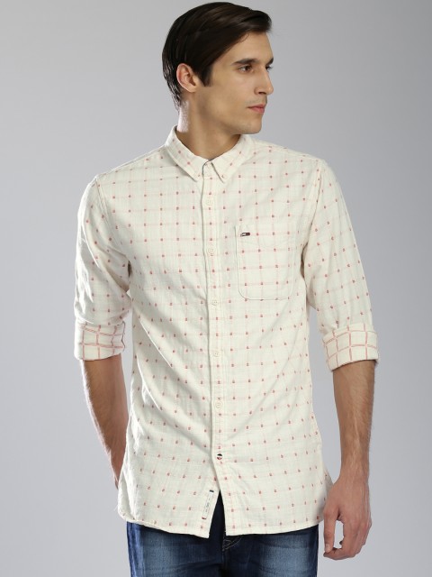 

Tommy Hilfiger Men Off-White Slim Fit Self-Design Casual Shirt