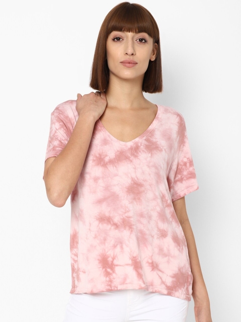 

AMERICAN EAGLE OUTFITTERS Women Burgundy Tie and Dye Dyed V-Neck T-shirt