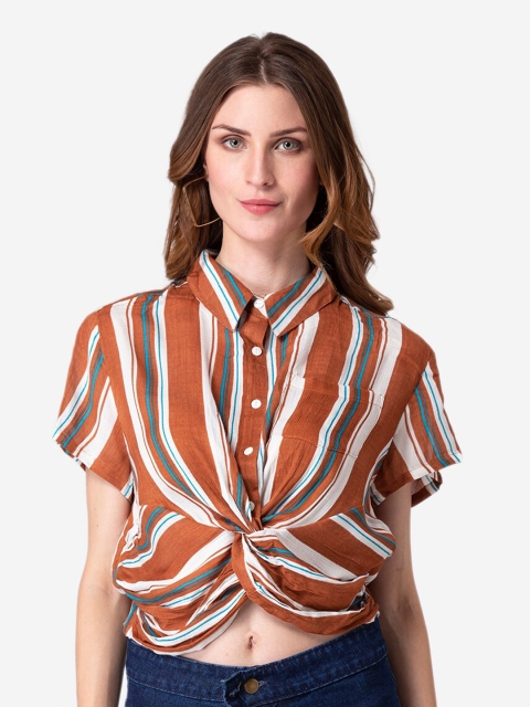 

Modriba Rust Striped Extended Sleeves Styled Back Top