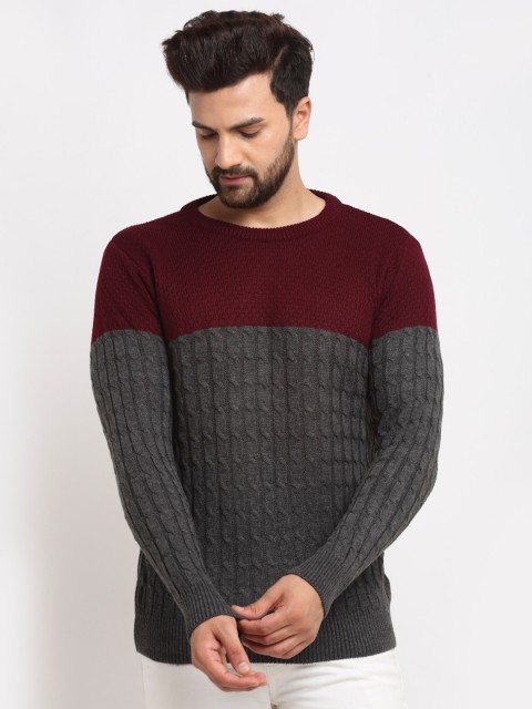 

Club York Men Maroon & Grey Colourblocked Pullover