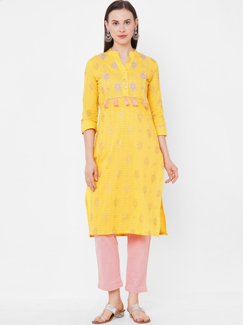 

Aprique FAB Women Yellow & Pink Geometric Embroidered Thread Work Kurta