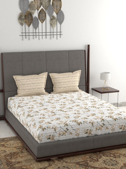 

Trident White & Brown Floral 144 TC Queen Bedsheet with 2 Pillow Covers