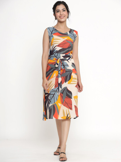 

DIVYANK Women Multicoloured Tropical A-Line Dress with Waist Tie Up, Multi