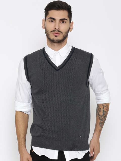 

Arrow Men Charcoal Grey Self-Design Sweater