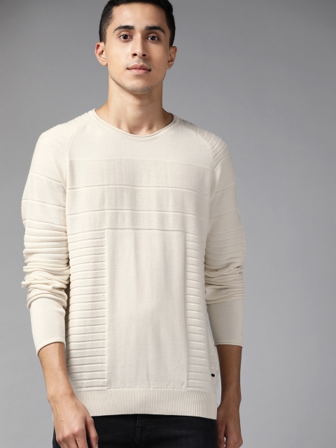 

Blackberrys Men Cream-Coloured Self Striped Cotton Pullover
