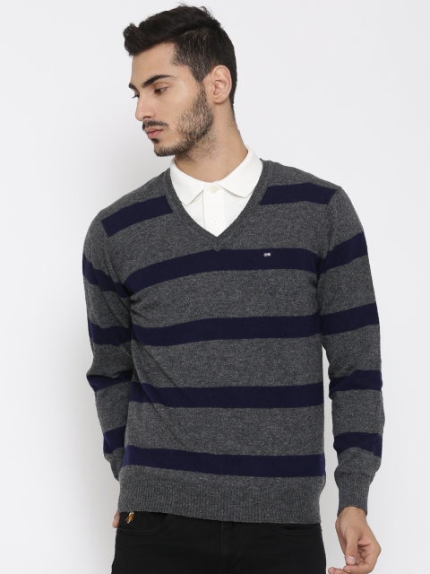

Arrow Sport Men Grey Melange & Navy Striped Sweater